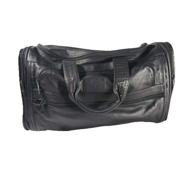 TUMI black leather duffle bag travel smaller-mid size crossbody - Picture 1 of 4